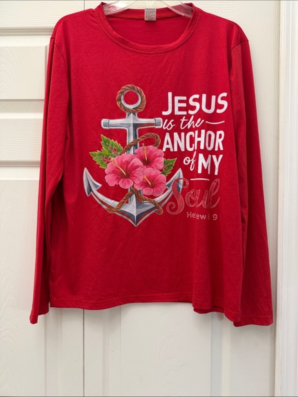 Red Long Sleeve Tee with Christian Quote - Jesus is the Anchor of my Soul